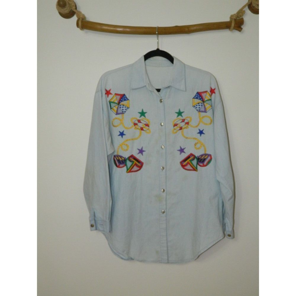Vintage Shirt Chambray  Blue Beach Nautical Embroidered Size Large/ X-La…‎